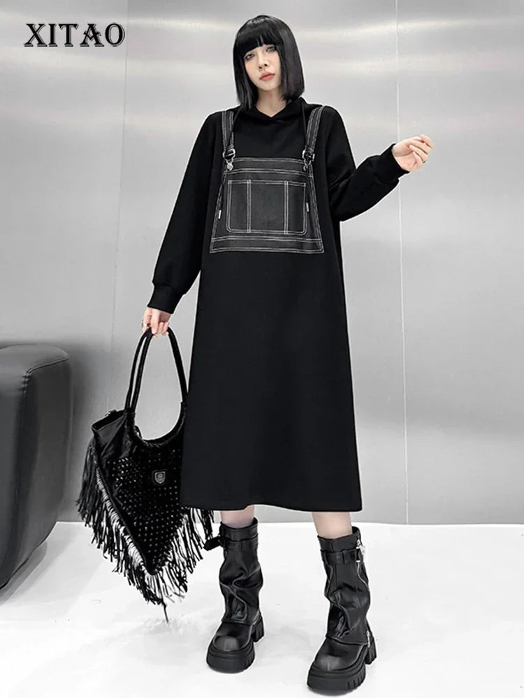 XITAO Fashion Patchwork Solid Color Loose Dress Western Style A-line Mid-calf Pullover Hooded Autumn New Women Dress ZYY1065