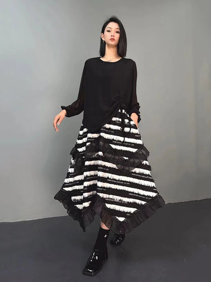 XITAO Gauze Patchwork Striped Asymmetrical Skirts Elastic Waist Loose Mid-calf Casual All Match Skirts 2024 Autumn New HQQ2401