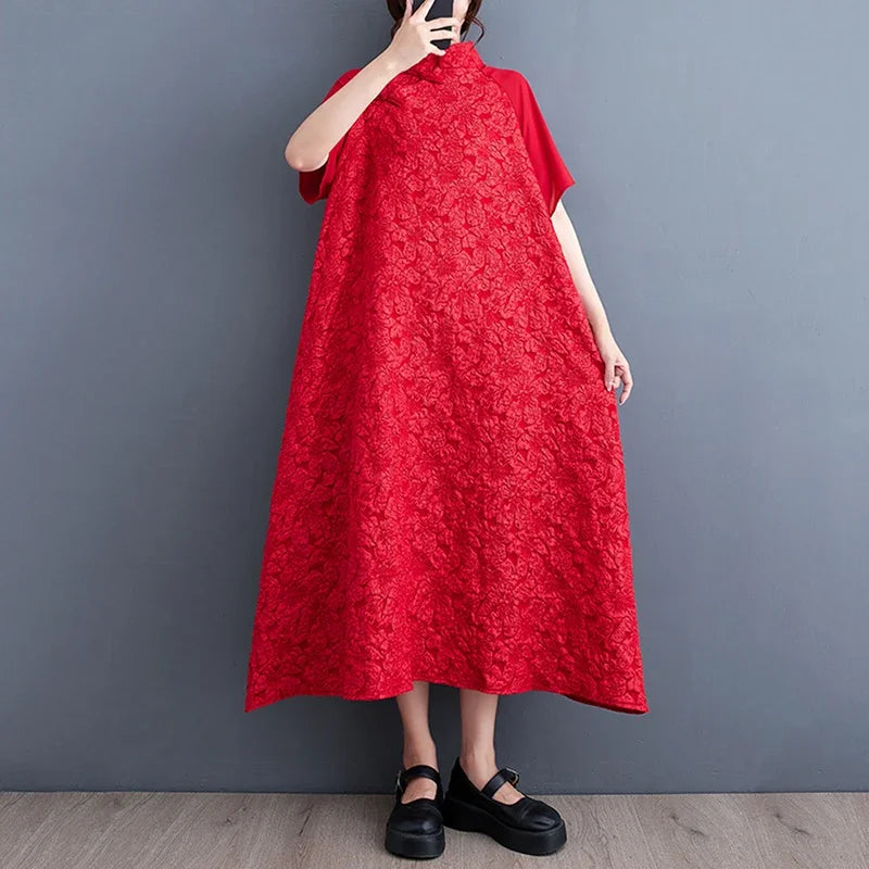 XITAO Vintage Patchwork Dress Fashion Floret Stand Collar Temperament Elegant Women Summer Loose Trend Dress DMJ2127