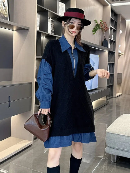 XITAO Knitting Patchwork Zipper Dress Turn-down Collar Pullover Long Sleeve Loose Fashion Knee-Length Dresses 2024 Autumn LJ1061