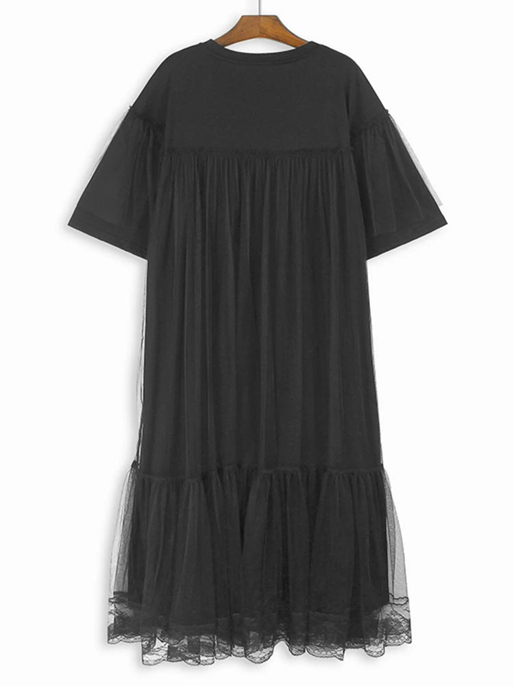 XITAO Round Neck Casual Dress Short Sleeve Mesh Splicing Fashion Korea Solid Color Female Simplicity Summer Dress LYD1855