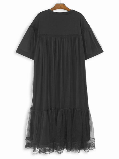 XITAO Round Neck Casual Dress Short Sleeve Mesh Splicing Fashion Korea Solid Color Female Simplicity Summer Dress LYD1855