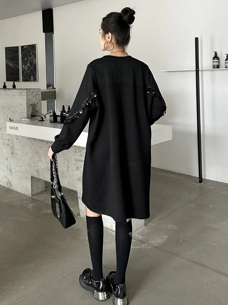 XITAO Solid Color Knee-length O-neck Full Sleeve Casual Loose Women Clothing Patchwork Sequined New Autumn Women Dress GMM1094