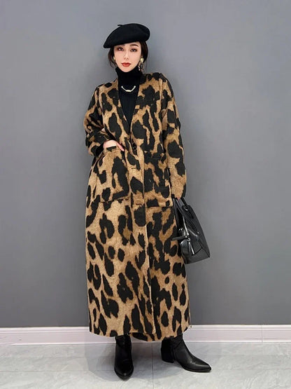 XITAO Leopard Single Breasted V-neck Blends Pocket Patchwork Long Sleeve Loose Fashion Mid-calf Long Coat 2024 Autumn New LJ1063