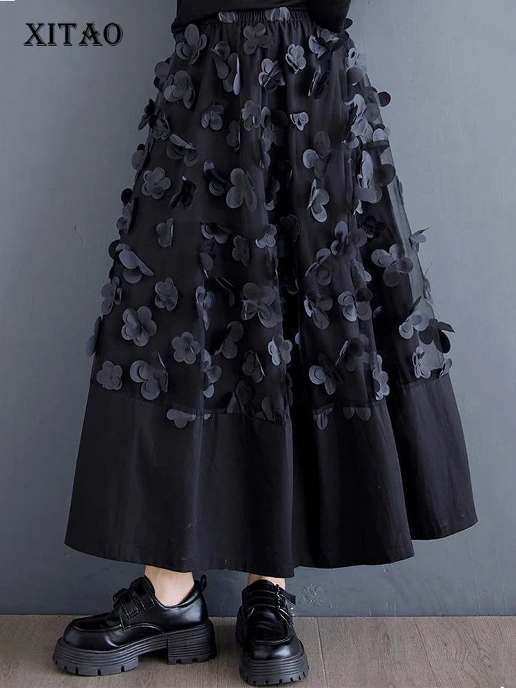 XITAO Korea Patchwork Women A-line Skirt Elastic Waist Flower New Autumn 2024 Female Ankle Length Black Splicing Skirt LJ1066