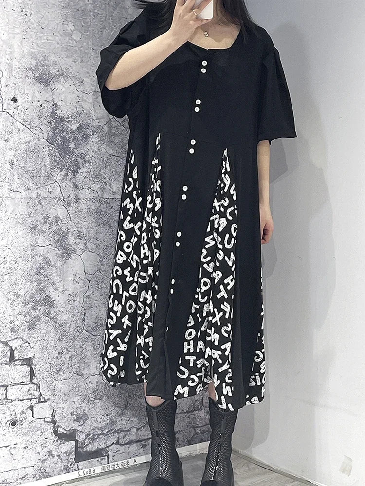 XITAO Loose Casual T-shirt Dress Contrast Color Letter Print Splicing Hem Summer New Simplicity O-neck Women GJ0007