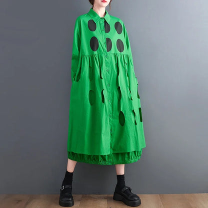 XITAO Hollow Out Dot Print Geometric Shirt Dress Solid Color Turn-down Collar Single Breasted Loose 2024 Spring Summer DMJ2333