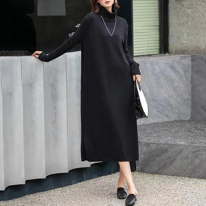 XITAO Knitting Half High Collar Split Dresses Solid Color Pullover Loose Mid-calf Loose Sweaters Dress Spring Casual DMJ3396