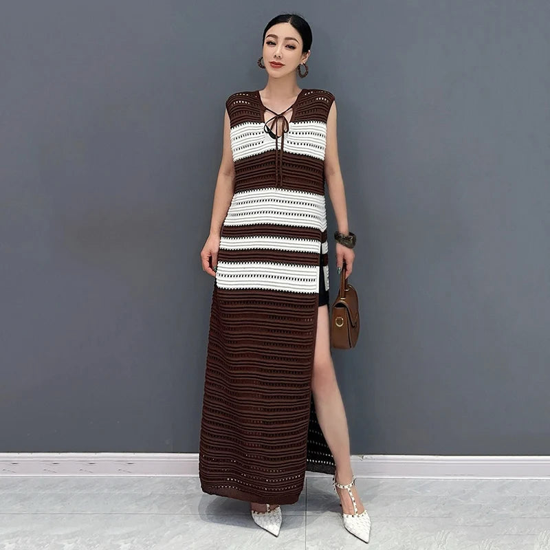 XITAO Knitting Side Split Bandage Pullover Dress Contrast Color Hollow Out Ankle-length Temperament Fashion 2024 Summer ZY8844