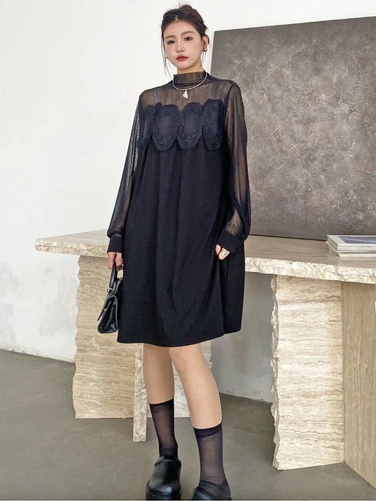 XITAO Casual A-line O-neck Knee-length Solid Color Full Sleeve Dress Mesh Patchwork Lace Slimming Autumn Women Dress GMM1139