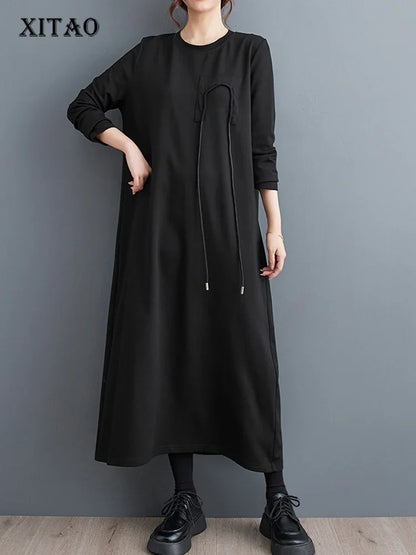 XITAO Full Sleeve O-neck Loose Dress Casual Fashion Simplicity All-match Solid Color 2024 Spring Women Pullover Dress DMJ2680