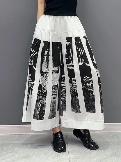 XITAO Print Wide Leg Pants Woman Spring New Arrival Personality Fashion Loose Elastic Waist Full Match Pants ZY8381