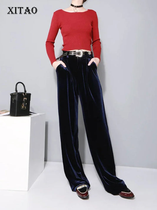 XITAO Fashion Women Full Length Wide-leg Loose Form Mid Waist Solid Color Casual Style Spring New Velvet Pants SSB-056