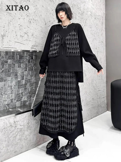 XITAO Casual A-line Solid Color Full Sleeve O-neck Matching Set Mesh Elastic Waist Ankle-length Fashion Autumn Dress Set GMM1097