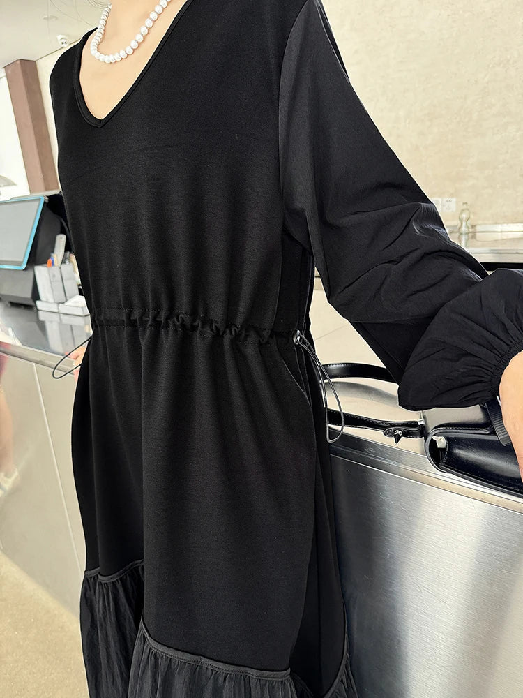 XITAO V-neck Solid Color Full Sleeve A-line Dress Fashion Patchwork Loose Casual Temperament Autumn Women New Dress DMJ5008