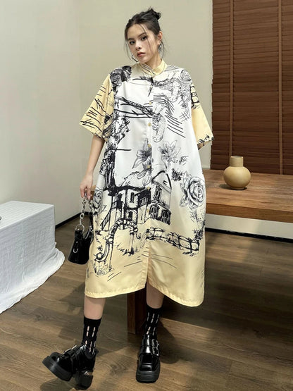 XITAO Chinese Style Printing Short Sleeve Dress Vintage Fashion Female New Summer Single Breasted A-line Shirt Dress DMJ4080