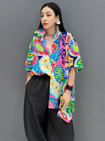 XITAO Asymmetrical Women Print Shirt Personality Fashion Loose Short Sleeve Top Summer New Street Trendy Shirt ZY8785