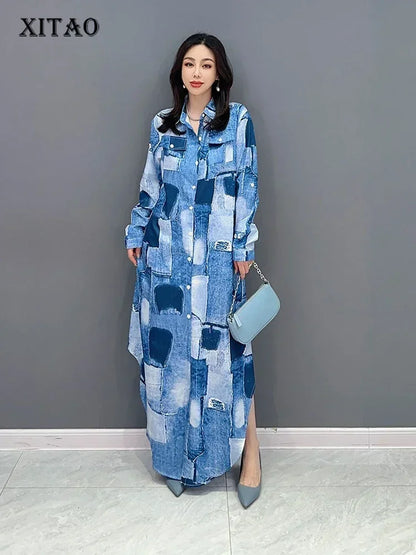 XITAO Color Block Print Shirt Dress Appear Thin Fashion Casual Loose Temperament Turn-down Collar Single Breasted Dress HQQ0427