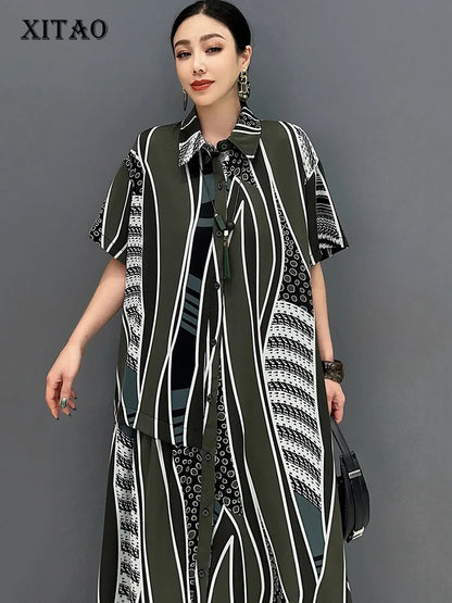 XITAO Print Irregular Shirt Dress Single Breasted Loose Casual Temperament Slimming Fashion ZY8854