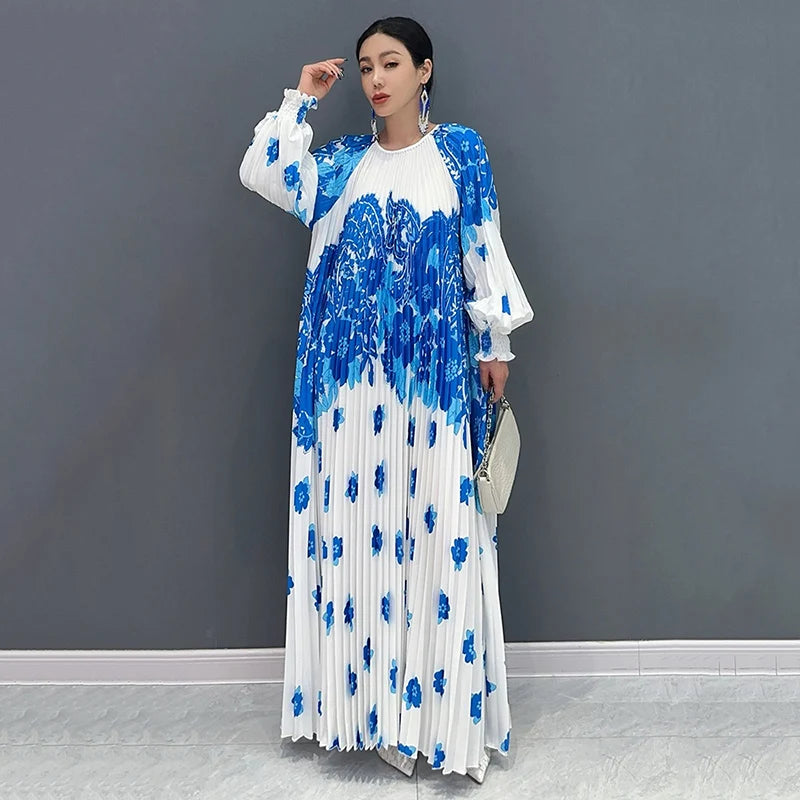 XITAO Contrast Color Pleated Print Dress Fashion Loose Lantern Sleeve Women Autumn New Simplicity Temperament Dress WLD20236