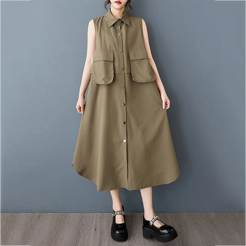 XITAO Patchwork Pocket Single Breasted Dress Casual Solid Color Sleeveless Loose Fitting Sweet Simple Women Dress GYX1410