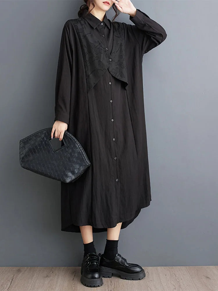 XITAO False Two Piece Causal Loose Dress Turn Down Collar Long Sleeve Patchwork Solid Color Simple Autumn Women Dress ZYY1052