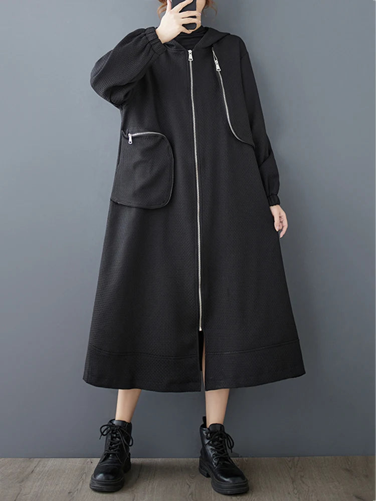 XITAO Fashion Casual Loose Solid Color Irregular Coat A-line Full Sleeve Jacket Zipper Autumn 2024 New Female Trench GMM1003