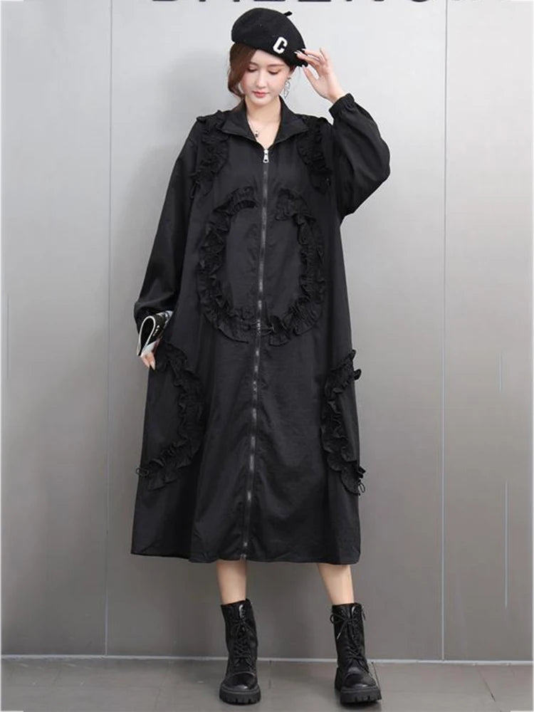 XITAO Fashion Design Casual Loose Female Dress A-line Patchwork Turn-down Collar Full Sleeve Thin Autumn Women Dress GMM1014