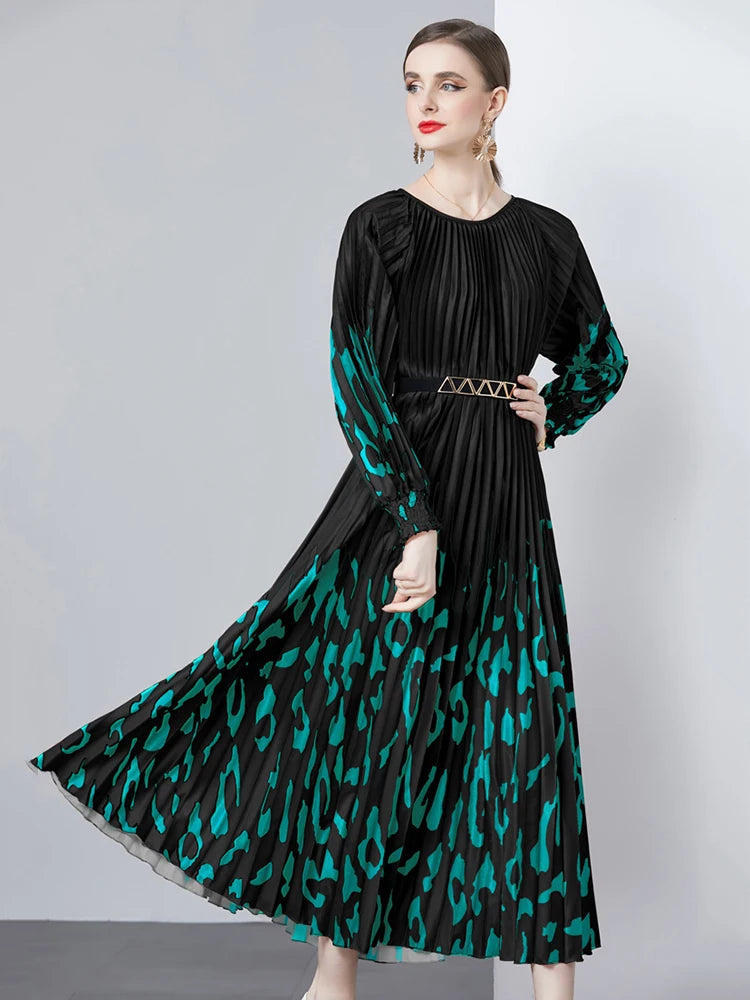 XITAO Long Sleeve Pleated Dress Loose Fashion Contrast Color Splicing Simplicity Temperament O-neck Dress Spring New DMJ3926