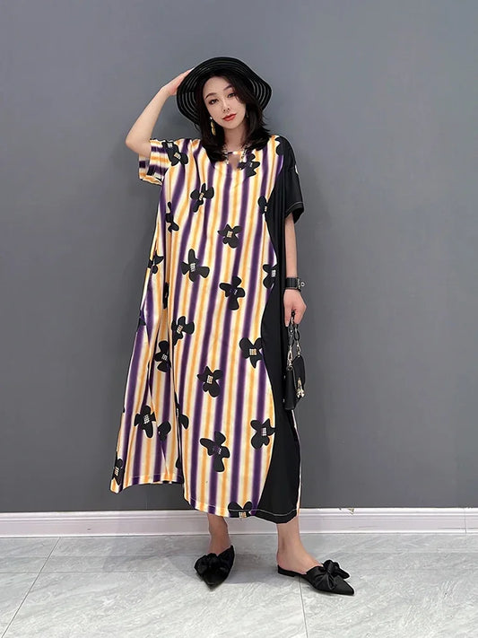 XITAO Fashion Striped Print Dress Loose Casual Simplicity Contrast Color Women T-shirt Dress Temperament Summer New ZY7275