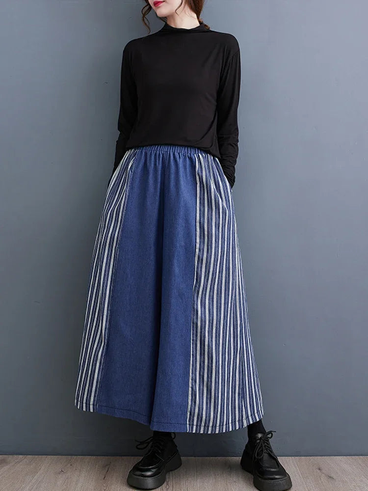 XITAO Casual Striped Wide Leg Pants Patchwork Fashion All Match Spring Loose Women New Ankle Length Pants DMJ2741