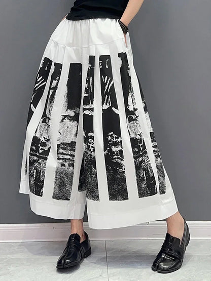 XITAO Print Wide Leg Pants Woman Spring New Arrival Personality Fashion Loose Elastic Waist Full Match Pants ZY8381