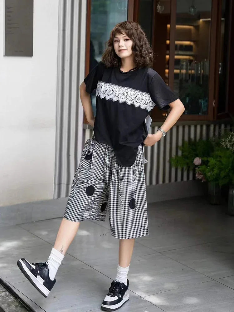 XITAO Irregular Casual Female T-shirt Lace Splicing Contrast Color Fashion New Women Top 2024 Summer Simplicity T-shirt DMJ4155