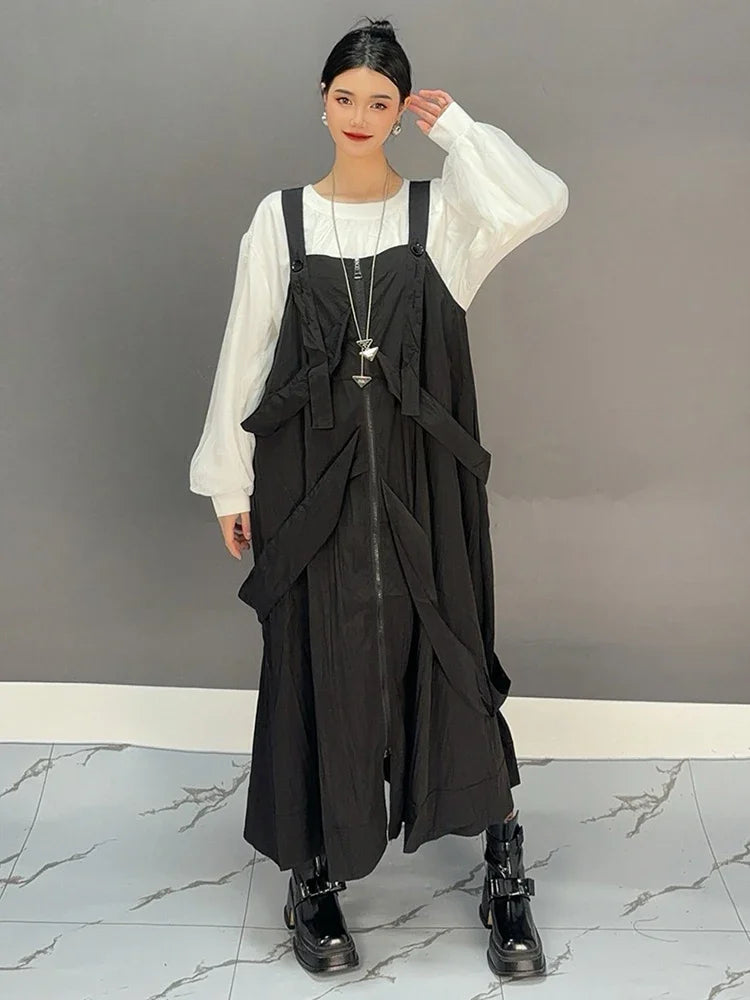 XITAO Straps Zipper Button Pocket Casual Dress Sleeveless A-line Solid Color Ankle-length Pullover Autumn Women Dress GMM1264