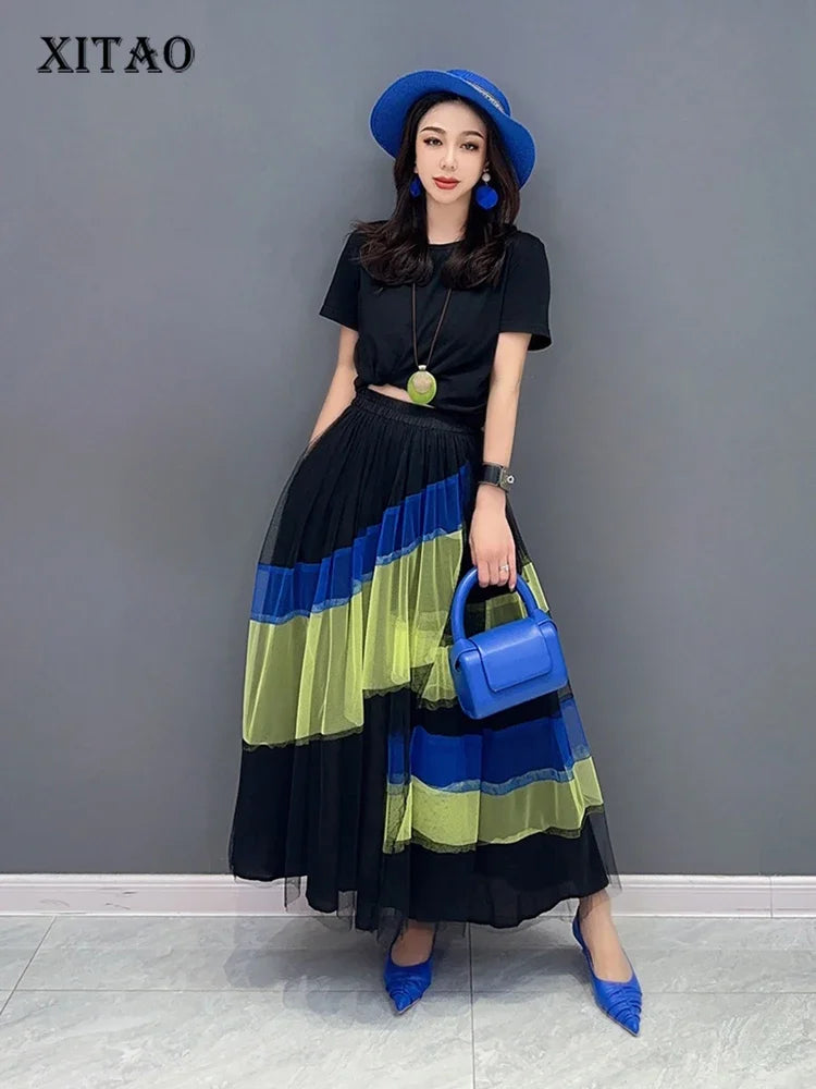 XITAO Mesh Skirt Fashion Irregular Contrast Color Patchwork Skirt Female Spring New All-match Street Trendy Women HQQ1386