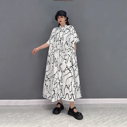 XITAO Fashion Print Shirt Dress Loose Casual Short Sleeve Turn-down Collar Bandage Dress Simplicity Temperament New WLD6893