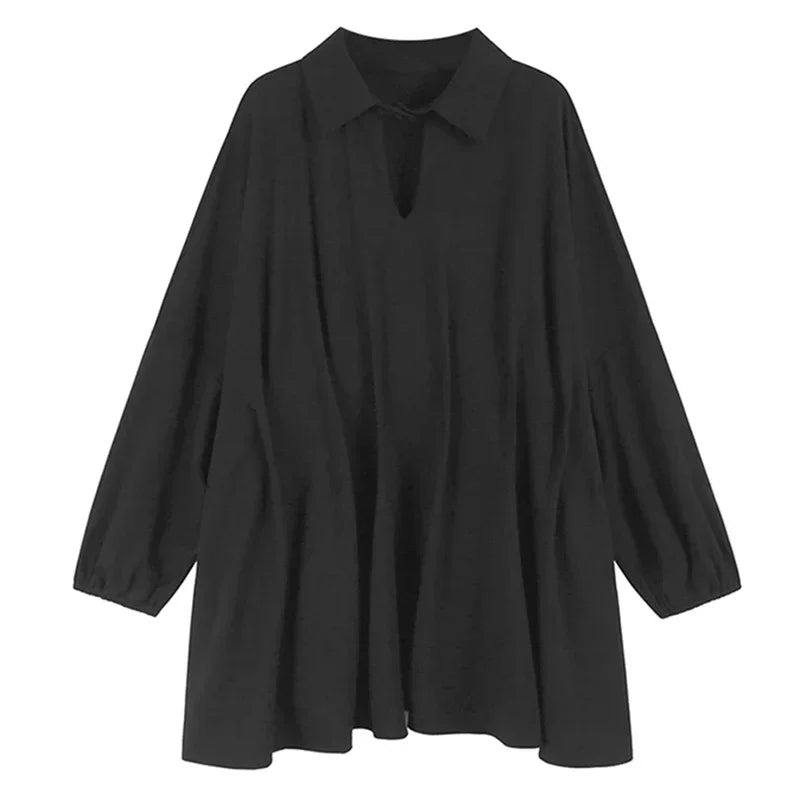 XITAO Pleated Batwing Sleeve Hollow Out Dress Casual Loose Fitting A-line Solid Color Simple Lapel Spring Women Dress HJF1138