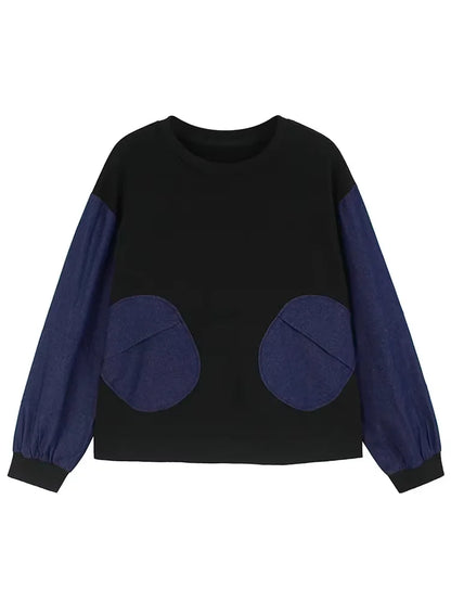 XITAO Loose Dot Denim Patchwork Women Sweatershirt Personality O-neck Round Pocket Casual Long Sleeve Pullover Female Top GJ1116