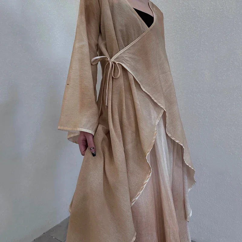 XITAO Asymmetrical Bandage V-neck Wrap Coat Solid Color Loose 2023 Summer New Casual Fashion Temperament All Match WLD11605