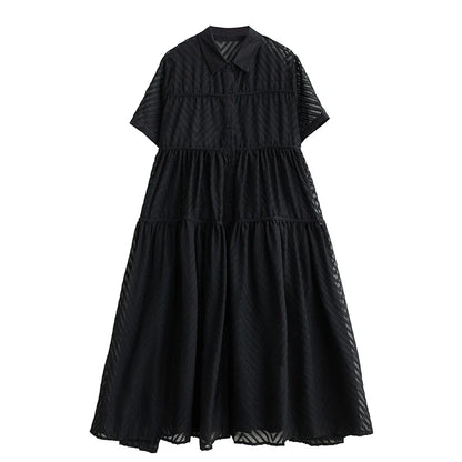 XITAO Black Hollow Splicing Dress Solid Color Turn Down Collar Short Sleeve Single Breasted Summer Women New Dress LYD1801