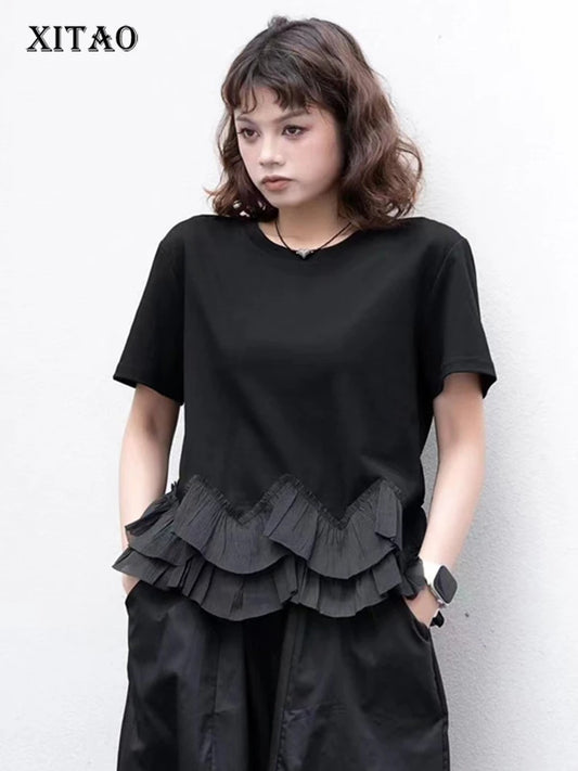 XITAO Vintage Loose Ruffles T-shirts Fashion Irregular Patchwork Women Summer New Casual Simplicity Temperament Top GJ1050