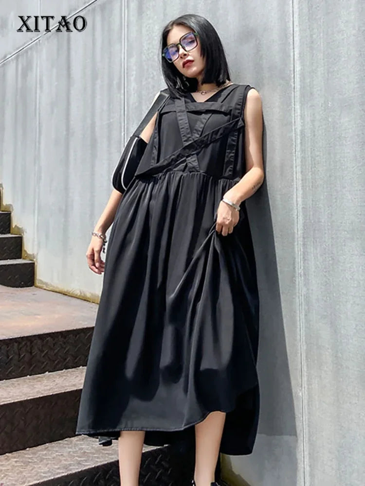 XITAO Black Sleeveless Dress Fashion New Women Summer Pleated Goddess Fan Casual Style Loose Dress ZP1590