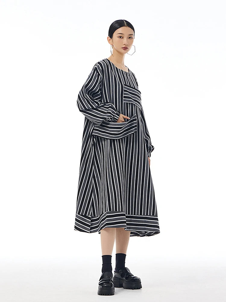 XITAO Contrast Color Women Long Sleeve Dress 2024 Autumn Casual O-neck Pullover Patchwork Loose A-line Striped Dress LJ1074