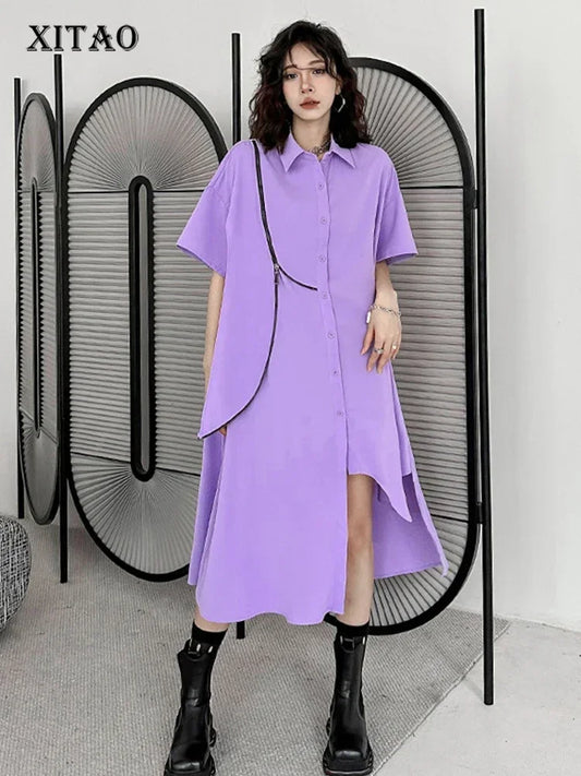 XITAO Single Breasted Solid Dress Women Korea 2024 Summer New Arrival Personality Fashion Loose Short Sleeve Dress WLD11326