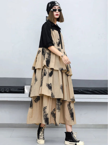 XITAO False Two Pieces Pleated Shirt Dress Contrast Color Patchwork Long Sleeve Multi Layer Ruffle Edge Hem Spring New HQQ2278