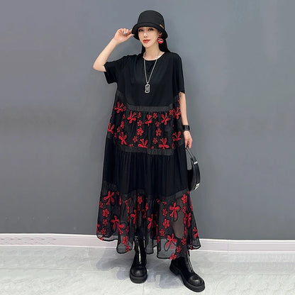 XITAO Lace Embroidery Female Patchwork Dress Fashion Contrast Color Casual Shirt T-shirt Dress 2024 Summer New Women ZY8747