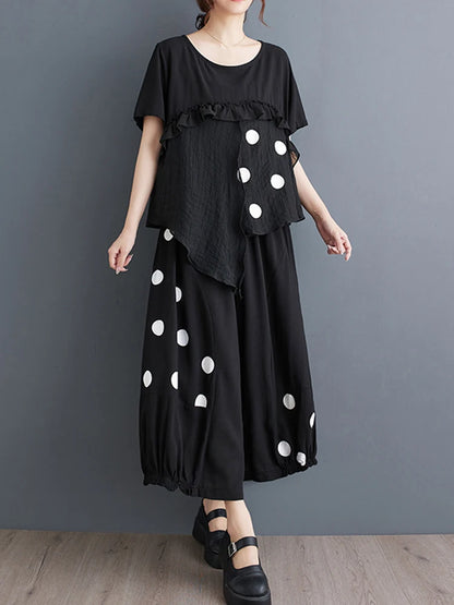 XITAO Polka Dot Print Irregular Two Piece Set Loose Patchwork Top Casual Pleated Wide Leg Pants 2024 Summer Women New HQQ2378