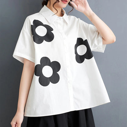 XITAO Spliced Casual Flower Short Sleeve Shirt Turn Down Collar Loose Print Simplicity Summer Fashion Women New Top LYD1756