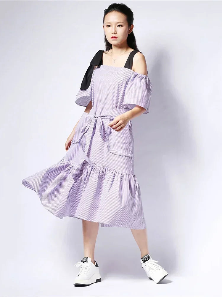 XITAO Off Shoulder Backless Midi Dress Korea Fashion New Women 2024 Pleated Bow Elegant Bandage Strapless Casual Dress HJH103