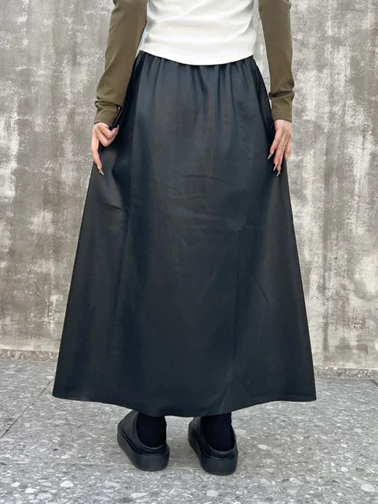 XITAO Black PU Female Skirt Simplicity Fashion Loose Temperament Women Elastic Waist A-line Skirt Spring All-match DMJ3433